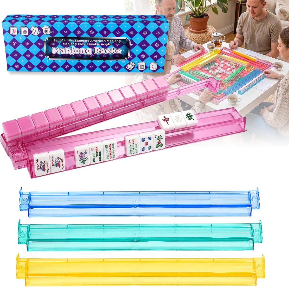 LAZORA Mahjong Racks with Pushers, Set of 4